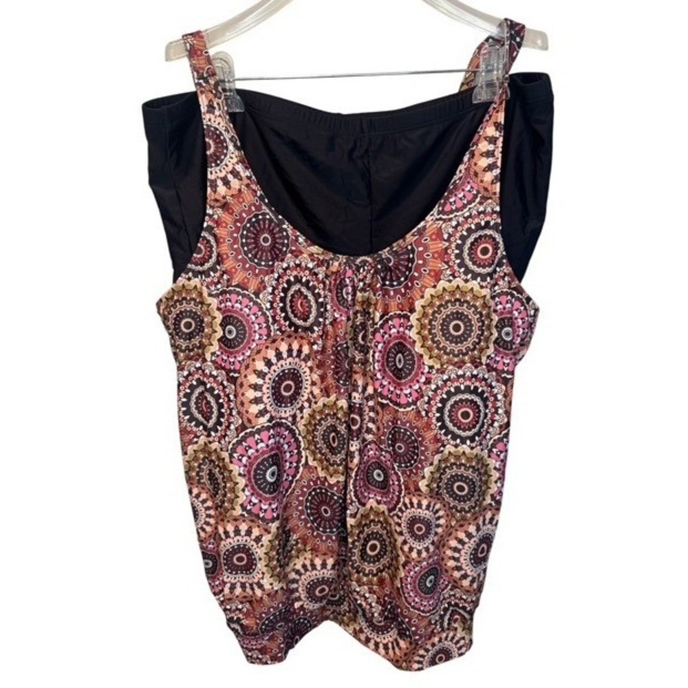Yonique Mandala Print Blouson Tankini Set with‎ Boy Shorts Pink Brown 24W NEW